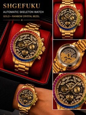 SHGEFUKU Automatic Skeleton Watch Rainbow Crystal Bezel Gold-Tone